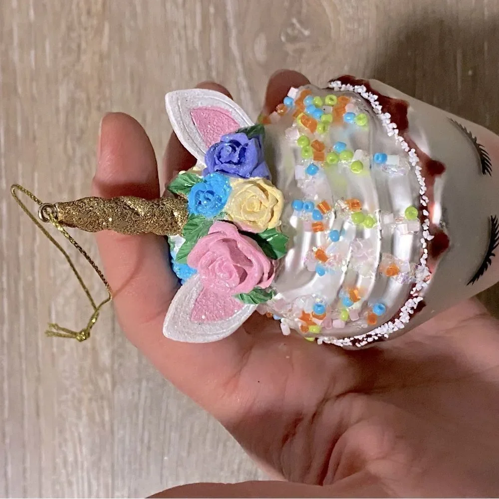 White Unicorn Face CupCake sprinkle Christmas holiday Ornament Blown Glass 4.5”